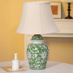 Màu Xanh Lá Cây Sứ Gốm Gừng Jar Đèn Với Vải Bóng Râm Mộc Mạc Đèn Bàn Cho Trang Trí Nội Thất Thân Thiện Với Môi Điện Powered - Product Image 4
