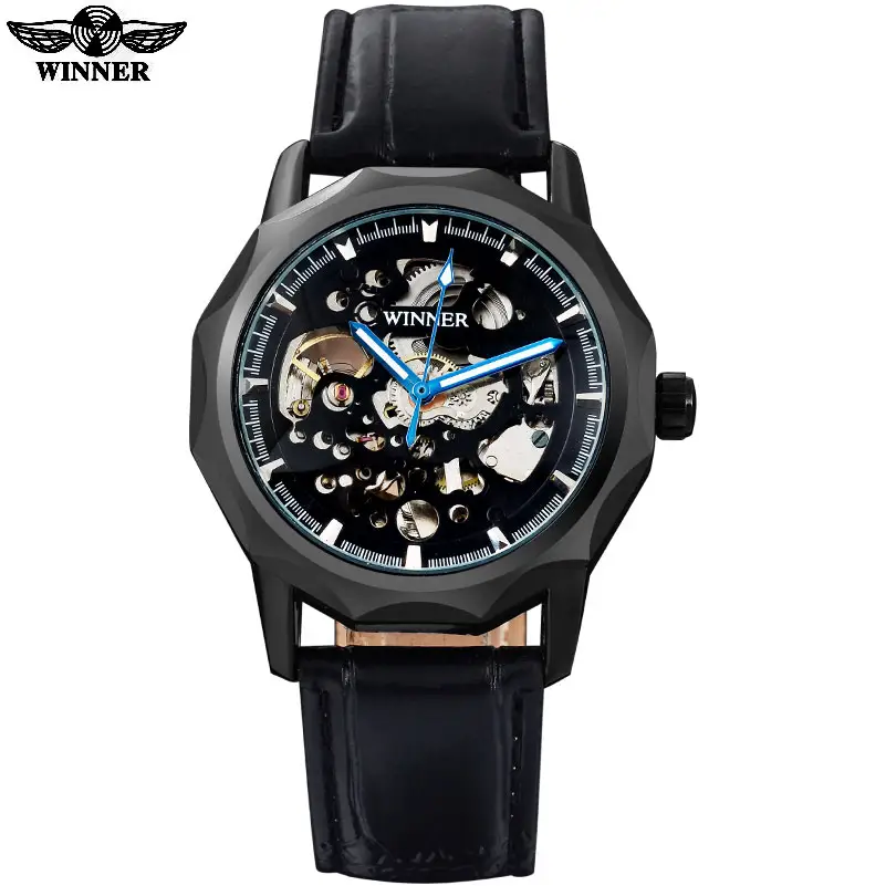 WINNER fashion brand men mechanical watches leather strap men's automatic skeleton black watches male wristwatches reloj hombre