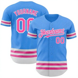 เสื้อเบสบอลแบบกำหนดเอง สีฟ้าอ่อน ลายทางสีชมพู สำหรับผู้ใหญ่ ทั้งชายและหญิง พิมพ์ชื่อทีมและหมายเลข ระบายอากาศได้ดี แขนสั้น ทรงปกติ - Product Image 1