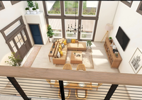 Kit de maison préfabriquée moderne de type Barndominium de 1367 pieds carrés, maison à ossature légère en acier à 2 étages avec revêtement extérieur imitation bois et grandes fenêtres en verre