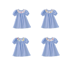 Robes en coton brodées à carreaux bleus pour filles en bas âge, vêtements à smocks pour le printemps et l'été, manches courtes, vêtements personnalisés - Product Image 1