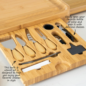 Bamboo Cheeseboard Four Drawer <b>Set</b> With <b>Knife</b> Fork <b>Ceramic</b> Dipping Bowl Dishwasher Safe Square Shape - Product Image 4