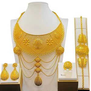 Dubai 24K Gold Plated Alloy Flower Pattern Jewelry <b>Set</b> Necklace Earrings <b>Ring</b> Bracelet <b>Women</b> Ethnic Party Fashion Fine Jewelry - Product Image 3