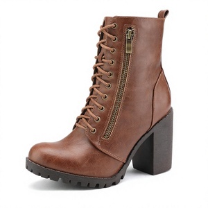 Botines de tacón de bloque marrón para mujer, con cordones, cremallera lateral, punta redonda, botines casuales de moda - Product Image 4