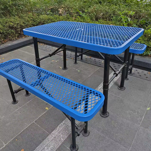 Juego de Mesa y Sillas Plegables Rectangulares Azules de 72 Pulgadas OEM, Mesa de Picnic y Dos Bancos para Acampar al Aire Libre, <span class=keywords><strong>Metal</strong></span> Expandido - Product Image 1