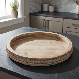 Round Wood <b>Decorative</b> Tray Beaded Edge Rustic Handcrafted Serving Platter <b>Kitchen</b> Dining <b>Decor</b> - Product Image 1