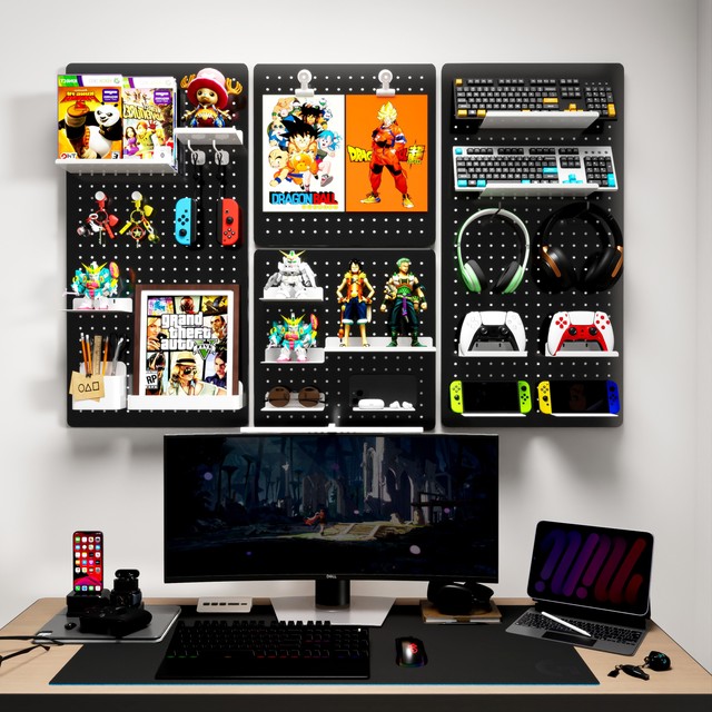Multifunctional Game Room Pegboard Organizer Wall Mounted Metal Pegboard Stand for Controller Headphone Merchandise Storage
