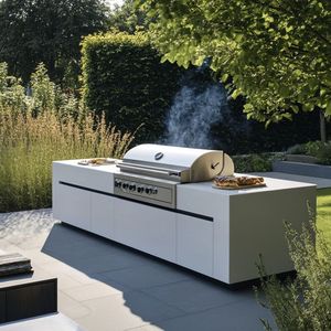 Nueva cocina de lujo personalizada de porcelana para exteriores de NICOCABINET con encimera de mármol única y <span class=keywords><strong>gourmet</strong></span> artesanal para villas - Product Image 1