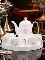 Service à café et à thé en céramique dorée à motifs paysagers, ensemble de vaisselle de luxe en porcelaine avec théière et tasses pour la décoration de la maison