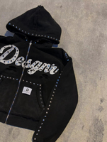 Vente en gros de sweats à capuche personnalisés pour hommes, effet délavé à l'acide, en molleton bouclette épais, zippés, avec applique en strass, style streetwear, fabricant