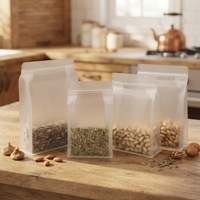 Pochette à fond plat translucide givrée à faible MOQ avec poignée pour aliments, sac en plastique à fermeture éclair, pochette à soufflet, emballage souple
