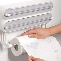 Distributeur de film alimentaire 3-en-1 avec support mural magnétique sans perçage pour papier de cuisine et torchon, couteau coulissant bidirectionnel