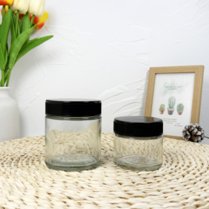 Bocaux en verre noir clair ronds personnalisés haut de gamme de 4oz récipient en verre transparent à fond de fleur avec couvercle CR en plastique - Product Image 4