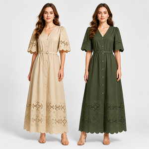 <span class=keywords><strong>Abito</strong></span> <span class=keywords><strong>Midi</strong></span> da Donna 100% Cotone <span class=keywords><strong>Verde</strong></span> Militare con Scollo a V, Maniche a Sbuffo, Bottoni, Linea ad A, Tinta Unita, Casual Estivo con Cintura - Product Image 5