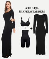 Gaun Shapewear bawaan untuk wanita, gaya baru lengan panjang leher persegi mulus lapisan ganda Bodycon kompresi perut
