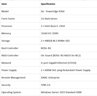 Nouveau stock, serveur PowerEdge R360 d'entrée de gamme 1U, authentique et original, Xeon E 2434, 32 Go DDR5, Ethernet Gigabit Quad Port
