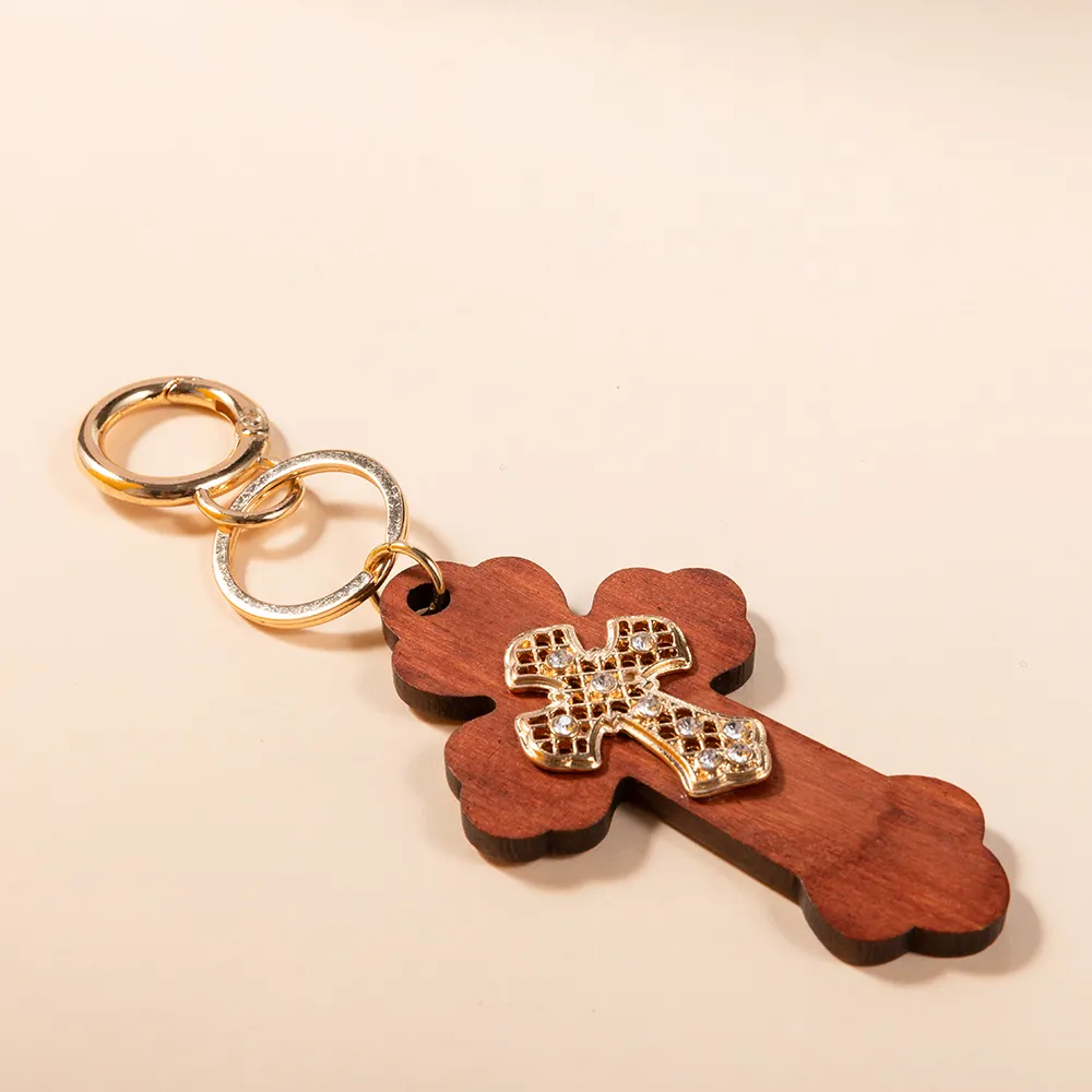 Fashion resin wood cross shaped fidget toy wood key chains rings for women and men unisex