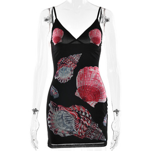 Robe d'été moulante pour femme, col halter, imprimé coquillage, coupe ajustée, robe de plage en tissu polyester - Product Image 5