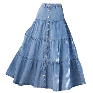 <span class=keywords><strong>Jupe</strong></span> <span class=keywords><strong>Longue</strong></span> <span class=keywords><strong>Maxi</strong></span> en Jean Délavé Bleu Clair, <span class=keywords><strong>Taille</strong></span> <span class=keywords><strong>Haute</strong></span> Boutonnée, Longueur Cheville, Motif Lotus pour Femme - Product Image 1