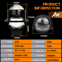 AKE A98 bi led lentille de projecteur universel 9-16V feux de croisement 48w feux de route 58w proyector biled 6000K bas 4800lm hi 5800lm bi led 3 pouces