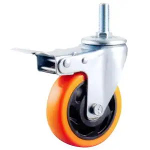 厂家直销橙色聚氯乙烯工业旋转式脚轮，带制动器3/4/5英寸