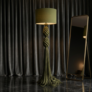 Green Textile Braided Tassel <b>Floor</b> <b>Lamp</b> Drum <b>Shade</b> Contemporary Style Large Size <b>for</b> Residential Use - Product Image 1