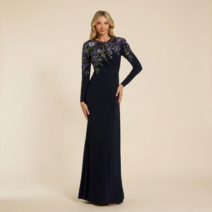 Robe de bal modeste longue coupe trapèze en crêpe 100% polyester, couleur unie, avec broderie perlée et soutien-gorge intégré - Product Image 4
