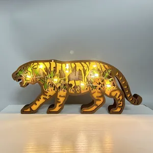 New <span class=keywords><strong>Animal</strong></span> Wood Crafts LED Nachtlicht Tiger Form Holzhandwerk Dekoration Schnitzen Dinosaurier Figuren Geburtstags feier Lieferungen