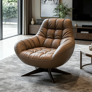 Fauteuil Lounge Nordique en Cuir <span class=keywords><strong>Marron</strong></span>, Canapé Simple, Fauteuil Pivotant Confortable, Fauteuil Club à Dossier Haut, Ensemble de Meubles de Lecture Rembourrés - Product Image 3