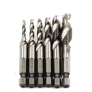 6PCS HSS4341 Hex Shank Spiral Screw Thread Taps Drill Bits Set Hex Tap Drill Bits Metric/Imperial Spiral Fluted Machine Screw