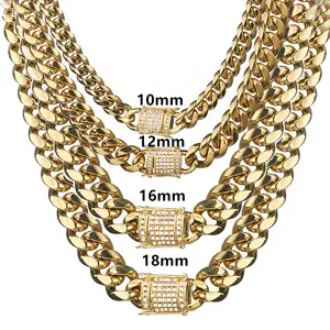 Hip Hop 6-18mm Width Stainless Steel Cuban Chain Box Lock Mirco Rhinestone Gold Chain for Men's 18K Gold Cuban Link Necklace