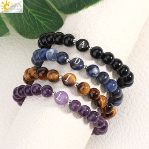 CSJA pietra naturale rotonda con perline A-Z iniziale gemma <span class=keywords><strong>di</strong></span> quarzo rosa curativo occhio <span class=keywords><strong>di</strong></span> tigre lettere braccialetti <span class=keywords><strong>di</strong></span> cristallo per uomo donna H282 - Product Image 2