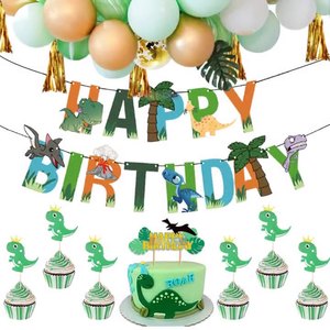 Conjunto de decoración de <span class=keywords><strong>cumpleaños</strong></span> con temática de dinosaurio de dibujos animados, decoración de <span class=keywords><strong>feliz</strong></span> <span class=keywords><strong>cumpleaños</strong></span>, tira de papel brillante para pastel, cartel de letras, globo - Product Image 1