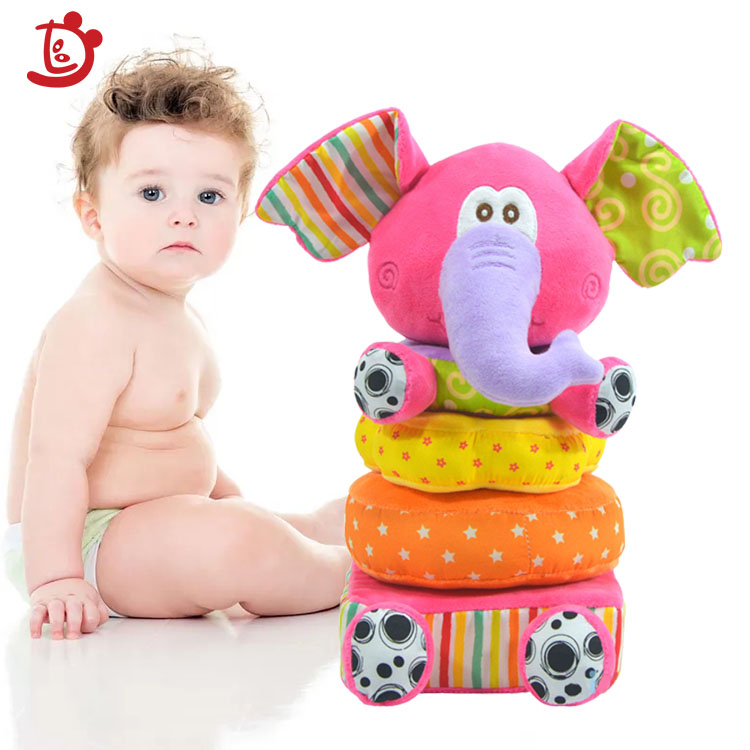 2021 new born baby education learning montessori soft block toys Best organic rainbow plush Elephant Animal stacking rings toy