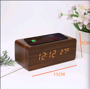 10W Kablosuz Şarjlı LED Ahşap Çalar Saat, Cep Telefonu Şarjlı Ev Elektronik Saati - Product Image 2
