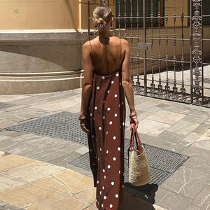 Vestido Maxi Minimalista con Estampado de Puntos, Contraste de Color, Espalda Descubierta, Tirantes Finos, Corte Regular, Ecológico, Cintura Natural para Mujer - Product Image 4