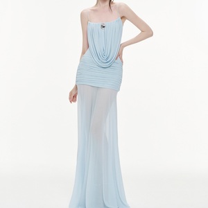 Elegante Vestido Maxi Marrón con Tirantes Finos, Estilo Tubo, Ajustado, de Gasa, Color Sólido, Drapeado, para Fiesta, Verano, Personalizado para Mujer - Product Image 3