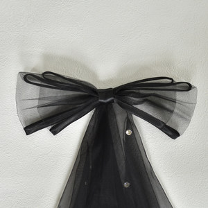 LUOXIN Retro Black Bow Trimmed Double-Layer Rhinestone Tulle Veil for Women <b>Wedding</b> Party - Product Image 5