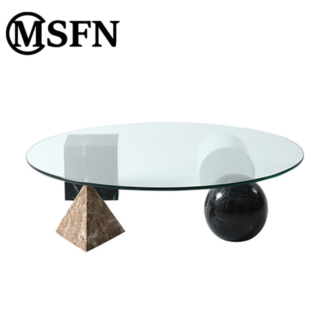 Modern Round Glass Top Coffee Table with Marble Geometric Bases for Living Room Villa Hotel Lobby
