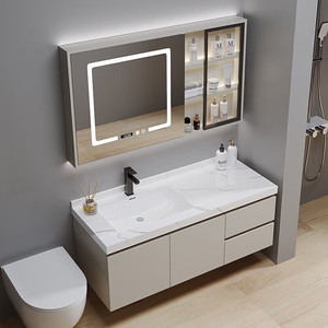 Mueble de baño moderno y sencillo de madera maciza con lavabo de cerámica de pizarra sin juntas, mueble de baño inteligente, lavabo. - Product Image 2