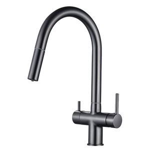 Grifo de Cocina Contemporáneo de Acero Inoxidable Color Gris Metálico, Diseño de Tirador Extraíble, Tres Vías, Doble Manija, Flexible - Product Image 2