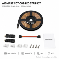 Kit de bande LED COB CCT WISMART 12V 24V, 640 LED/m, 10 mm, 5 m, IP30, blanc réglable 2700K-6500K avec connecteurs et clips pour éclairage intérieur