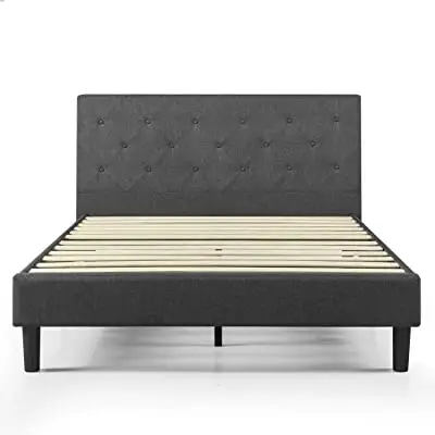Marco de cama con plataforma tapizada, base de madera, soporte de Listón, sin resorte, fácil de montar, color gris oscuro