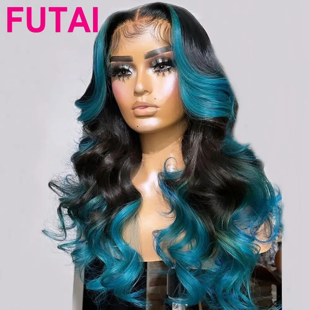 Ombre T1B/sorot biru Wig gelombang dalam renda rambut manusia Wig garis depan kutikula disesuaikan definisi tinggi renda Frontal hitam wanita