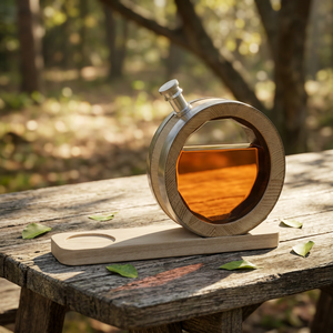 Carafe à whisky ronde en bois, bouteille de spiritueux en verre circulaire unique avec base en bois - Product Image 4