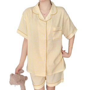 Pyjama d'été pour femmes, fin, doux, à carreaux, imprimé, manches courtes, shorts respirants, vêtements de maison - Product Image 1