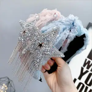 Faixa de cabelo, nova moda brilhante estrela bandana para meninas acessórios de cabelo de alta qualidade rendas floral brilhante strass