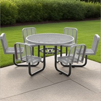 Mesa de Picnic Redonda de Metal Perforado de 46 Pulgadas con Seis Bancos Modernos, Resistente al Agua para Patio, Hotel, Escuela, Comedor al Aire Libre