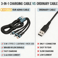 XTAURI BX065 Cable de Carga Rápida 3 en 1 Portátil de Aleación de Aluminio USB-C/USB-A 5A, Conductor de Cobre Puro, Blindado con PVC para Teléfonos Móviles