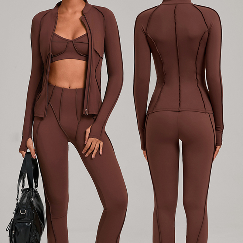 Custom Women's Zipper Brushed Fleece Casual Running Fitness Outerwear Tight Fitting Sports Yoga Three Pieces Sets